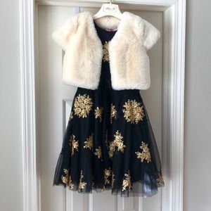 Dehry Kids by Rene Dehry beaded organza dress and fur jacket